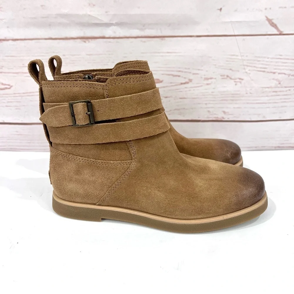 NWT UGG Josefene Ankle Boots Distressed Suede Strap Short Booties Chestnut Tan